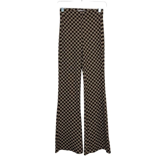 High-Waisted Brown  Black Checkered Flare Pants By Urban Outfitters 70s Size XS - Picture 1 of 8